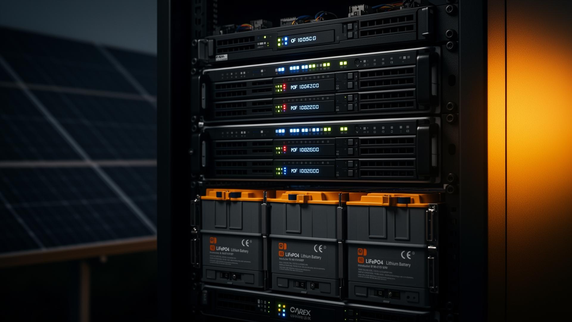 POPower Energy — rack de servidores telecom com baterias LiFePO4 modulares e painéis solares ao fundo